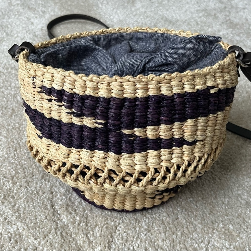 AAKS Natural Straw Fiber African Basket Crossbody Purse Bag Tan/Purple Boho Tie